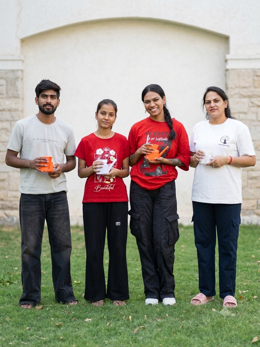 Students holding neti pots for jala neti cleansing practice at Ved Yoga Shala